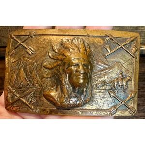 Vintage Bergamot Solid Brass Native American Chief Western Belt Buckle 1978